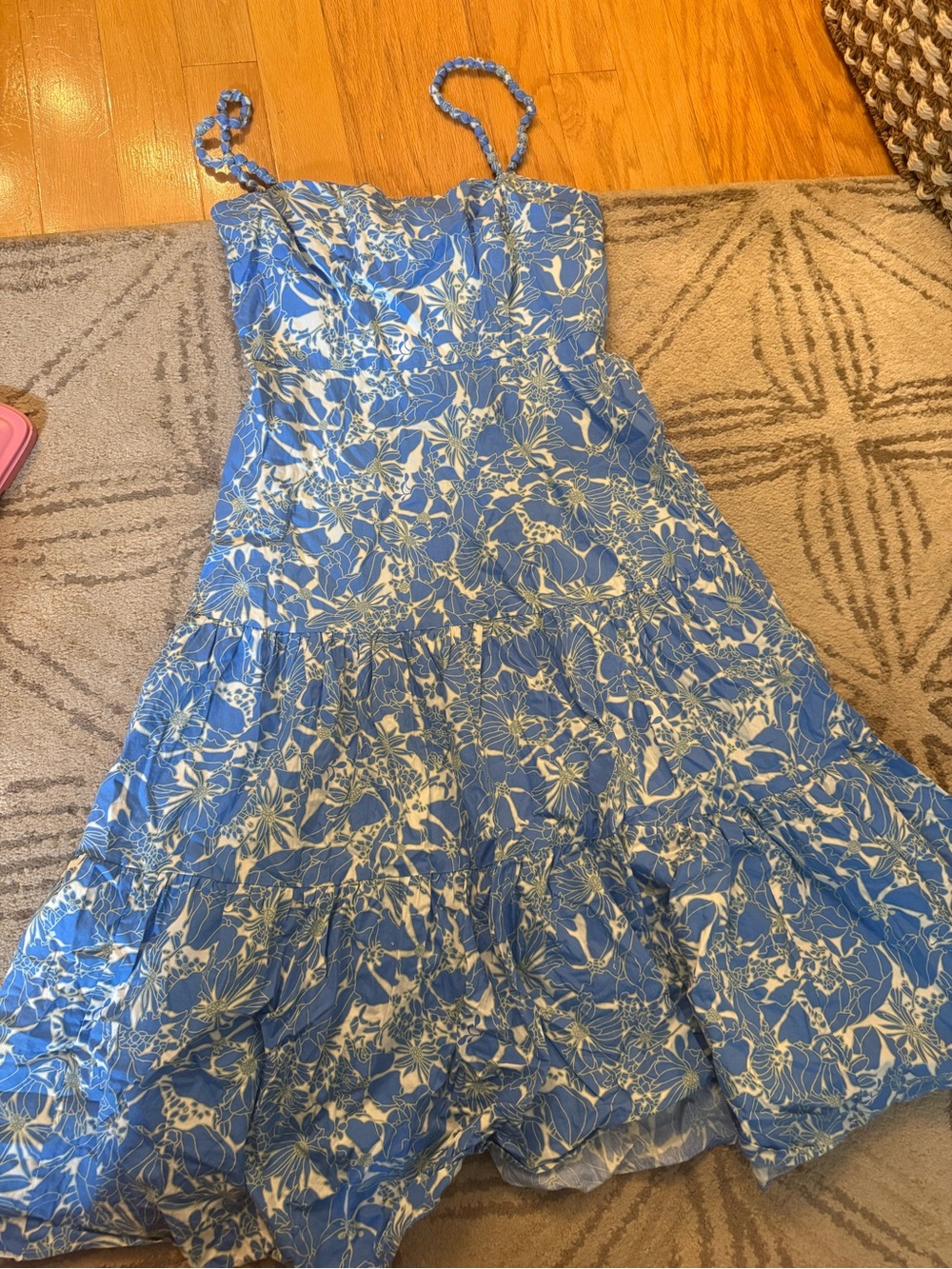 Blue Floral Midi Dress with Braided Straps